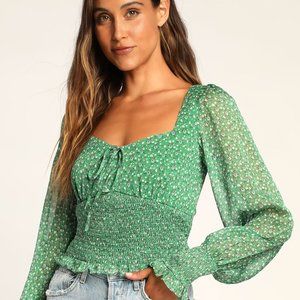 Lulus Flight of Florals Green Floral Print Smocked Long Sleeve Top